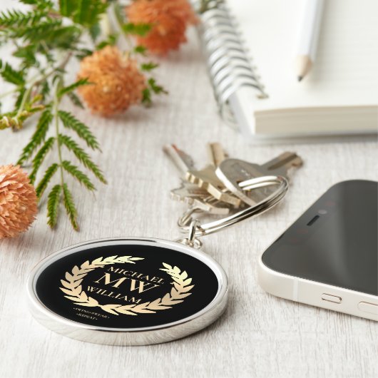 Porte-clés Monogramme moderne Nom Initiales Noir Or Golfer (Côté)