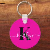 Porte-clés Monogramme moderne rose noir écriture script (Recto)