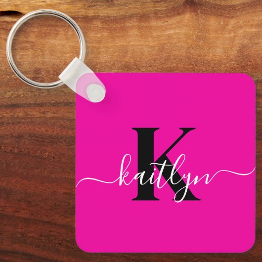 Porte-clés Monogramme moderne rose noir écriture script (Recto)