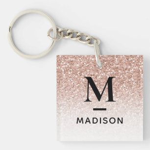 Porte-clés Monogramme moderne Rose Rose Gold Parties scintill