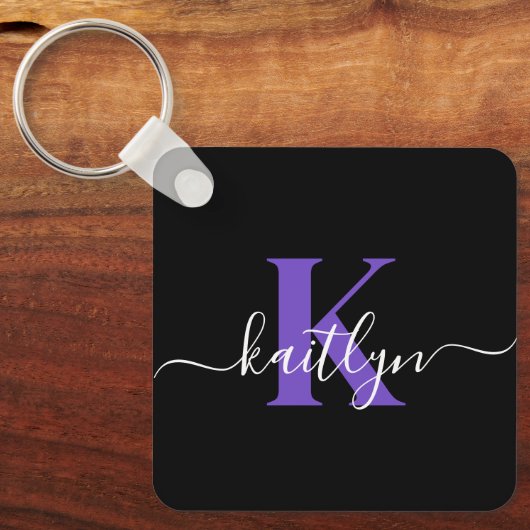 Porte-clés Monogramme Moderne Violet Noir Script (Recto)