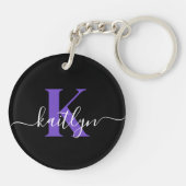Porte-clés Monogramme Moderne Violet Noir Script (Dos)