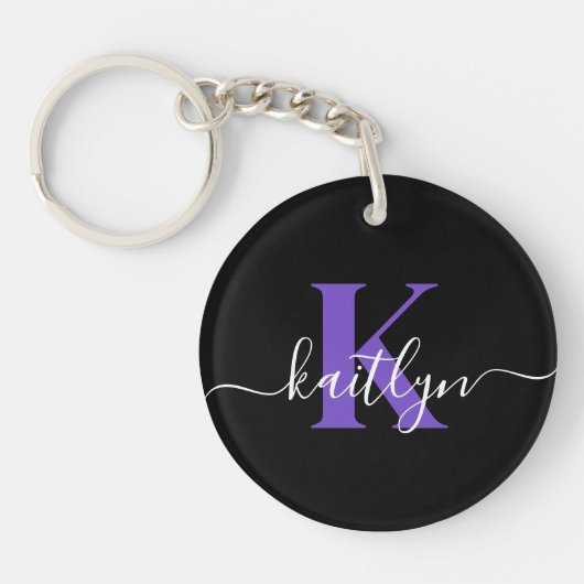 Porte-clés Monogramme Moderne Violet Noir Script (Devant)