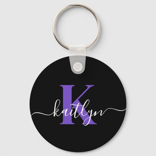 Porte-clés Monogramme Moderne Violet Noir Script (Recto)