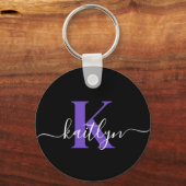 Porte-clés Monogramme Moderne Violet Noir Script (Recto)