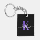 Porte-clés Monogramme Moderne Violet Noir Script (Devant gauche)