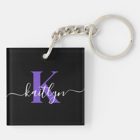 Porte-clés Monogramme Moderne Violet Noir Script (Dos)