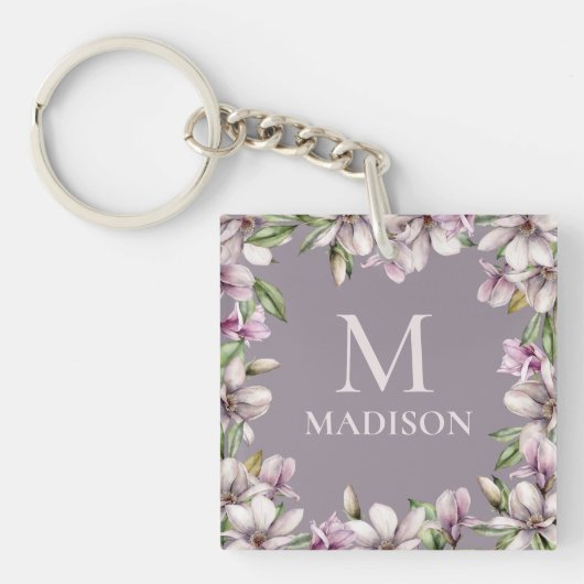 Porte-clés Monogramme Monogramme Magnolia Floral Personnalisé (Devant)