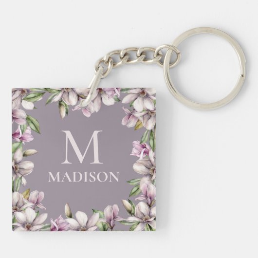 Porte-clés Monogramme Monogramme Magnolia Floral Personnalisé (Dos)