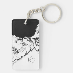 Porte-clés Monogramme Noir & Blanc Art Floral Original à poin