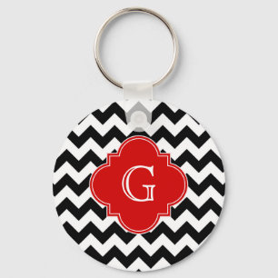 Porte-clés Monogramme noir blanc Chevron rouge Quatrefoil