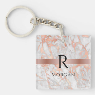 Porte-clés Monogramme noir et nom, marbre blanc et or rose
