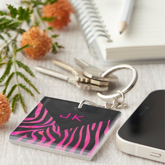 Porte-clés Monogramme noir et rose chaud Zebra Design (Devant Droit)