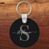 Porte-clés Monogramme noir minimal moderne Premier nom (Verso)