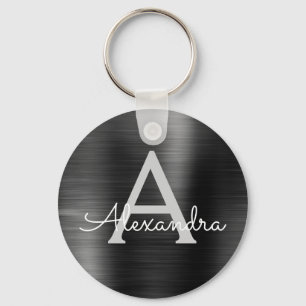 Porte-clés Monogramme noir moderne Faux en acier inoxydable