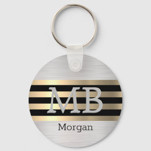 Porte-clés Monogramme & Nom, Acier Brossé Or Jaune Noir