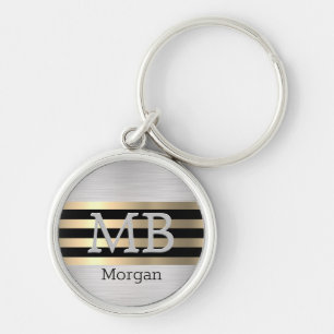 Porte-clés Monogramme & Nom, Acier Brossé Or Jaune Noir
