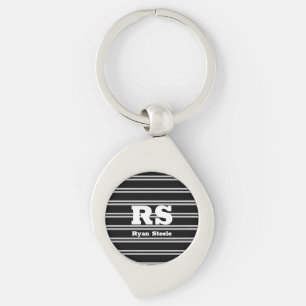 Porte-clés Monogramme & nom blanc gras, lignes gris clair sur