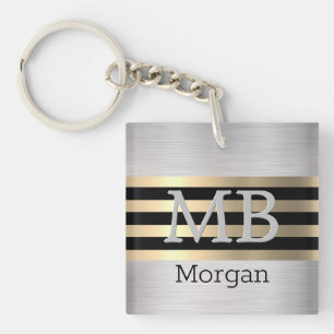 Porte-clés Monogramme & nom DIY, Or jaune/Noir Argent brossé