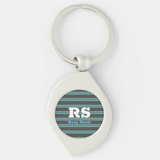 Porte-clés Monogramme & nom en gras, Lt Turquoise Lines sur g (Devant)