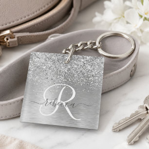 Porte-clés Monogramme Nom Paillettes Métal Brossé Argent