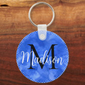 Porte-clés Monogramme Nom personnalisé initial Aquarelle bleu (Verso)