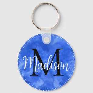 Porte-clés Monogramme Nom personnalisé initial Aquarelle bleu