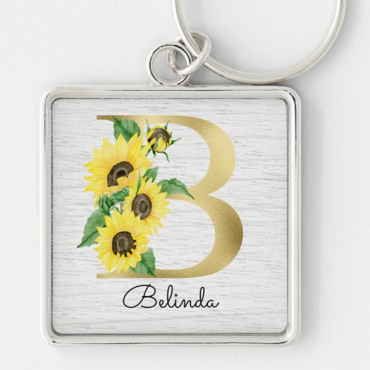 Porte-clés Monogramme Or Soleil Doré Féminin Floral Initiale (Devant)