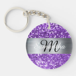 Porte-clés Monogramme pailleté violet brillant feuille d'arge