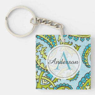 Porte-clés Monogramme Paisley Colorée Aqua Boho Chic branché