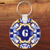 Porte-clés Monogramme périwinkle, azulejos bleu et jaune (Recto)