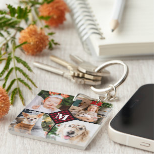 Porte-clés Monogramme personnalisé 4 photo rouge bison plaqu