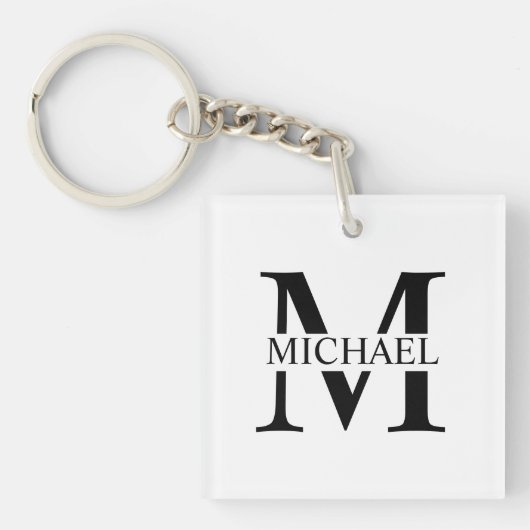Porte-clés Monogramme personnalisé blanc et nom (Devant)