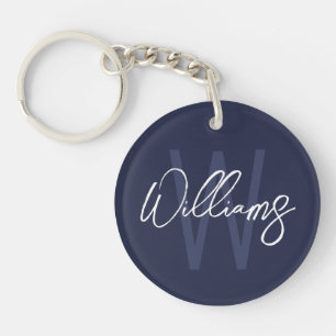 Porte-clés Monogramme personnalisé et nom en écriture bleue m