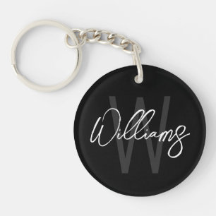 Porte-clés Monogramme personnalisé et nom en script noir