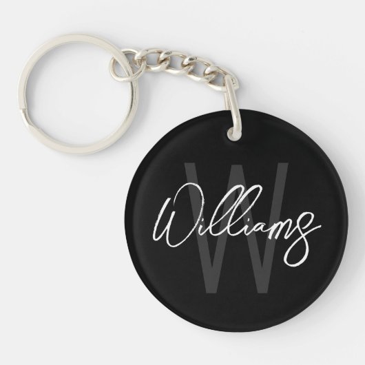 Porte-clés Monogramme personnalisé et nom en script noir (Devant)