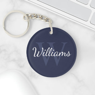 Porte-clés Monogramme personnalisé et nom Navy Blue