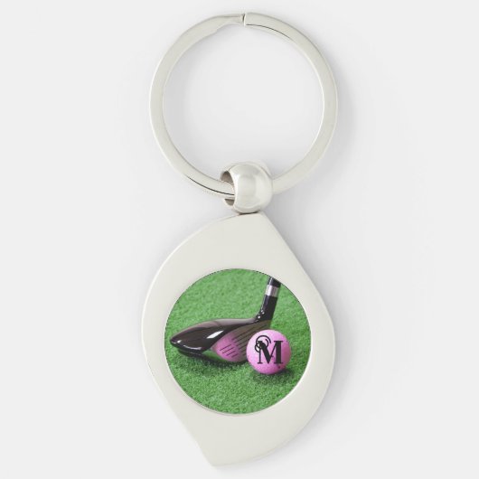 Porte-clés Monogramme personnalisé Fancy Script Pink Golf Bal (Devant)