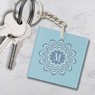 Porte-clés Monogramme personnalisé Fleur bleue Abstraite init