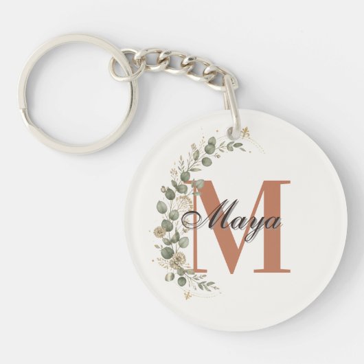 Porte-clés Monogramme Personnalisé Floral Boho (Devant)