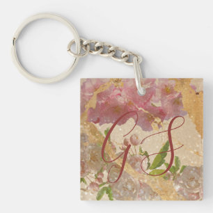 Porte-clés Monogramme personnalisé Gold Shimmer & Rose Floral