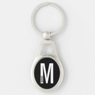 Porte-clés Monogramme personnalisé moderne noir et nom