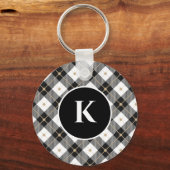Porte-clés Monogramme personnalisé Noir Blanc Or Plaid (Recto)