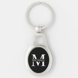 Porte-clés Monogramme personnalisé noir et nom