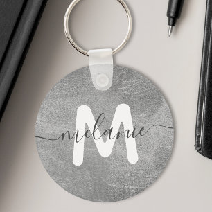 Porte-clés Monogramme personnalisé Nom Luxe Feuille d'Argent
