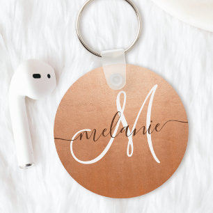 Porte-clés Monogramme personnalisé Nom Script tendance Rose O