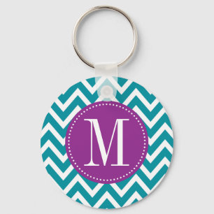 Porte-clés Monogramme personnalisé pourpre et bleu Chevron