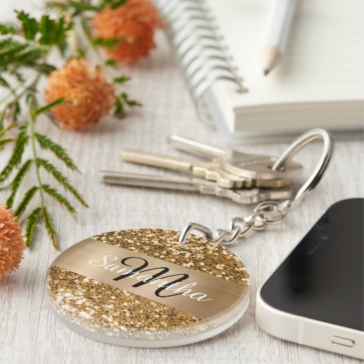 Porte-clés Monogramme personnalisé Sparkly Gold Parties scint (Devant Droit)