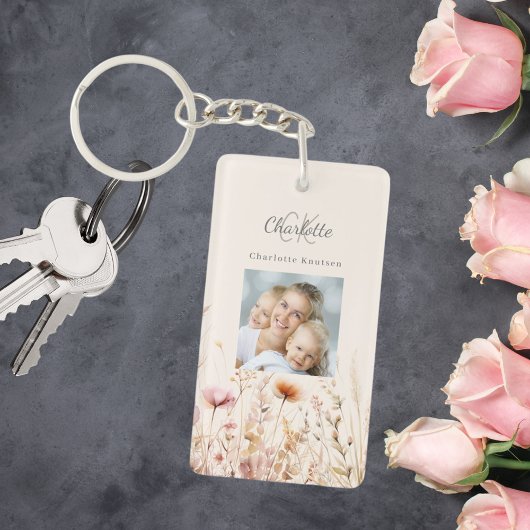 Porte-clés monogramme photo beige fleur sauvage
