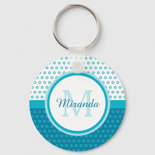 Porte-clés Monogramme Pois bleu turquoise mod avec nom (Recto)